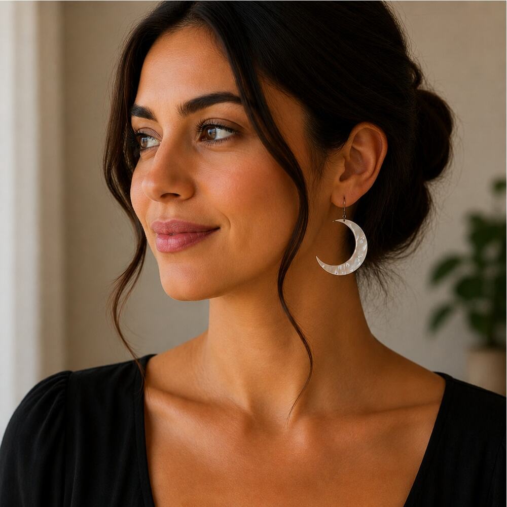 Mother of Pearl Crescent Moon Hoops Earrings - Picture 2 of 5